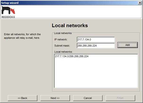 6.3 Add Local Networks Via the local networks, you can add all local networks for which the REDDOXX Appliance is supposed to function as e-mail relay.