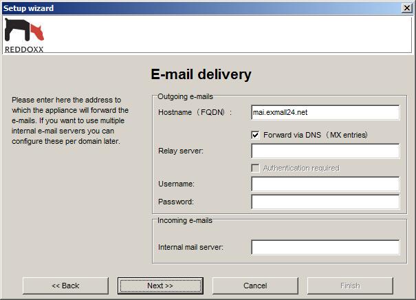 6.4 Configuring E-Mail Forwarding Outgoing emails: 1. Enter the FQDN (host name). 2. If necessary, activate the option Forwarding via DNS if the emails are supposed to be delivered via DNS. 3.