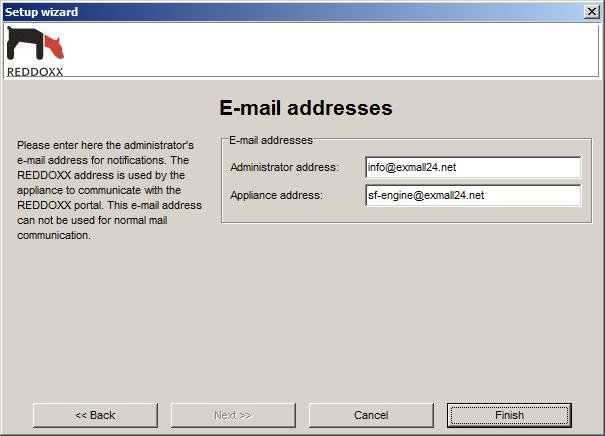 6.5 Defining E-Mail Addresses Here is where the e-mail address of the administrator and the REDDOXX Appliance are managed, which the REDDOXX Appliance requires for the forwarding of system messages.