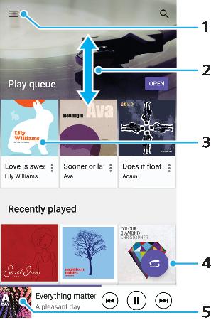 11 Repeat the current song or all songs in the play queue 12 Tap to go to the next song, touch and hold to fast-forward the current song 13 Play or pause a song 14 Tap to go to the previous song,
