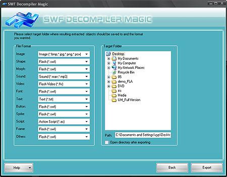 Export Resources With SWF Decompiler Magic, you can easily export all elements such as sound, images, video, shapes, frames, morphs, fonts, texts, buttons, sprites and ActionScripts embedded in a
