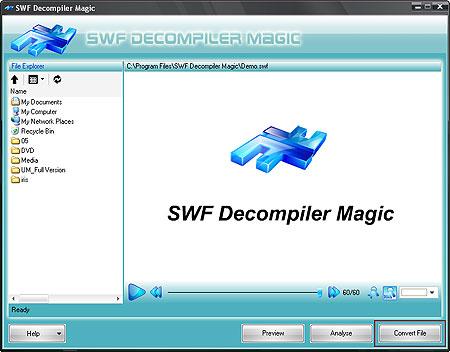 Convert between EXE and SWF file SWF Decompiler Magic allows you to convert flash files between EXE and SWF. This page will guide you to convert files step by step: Open SWF Decompiler Magic.
