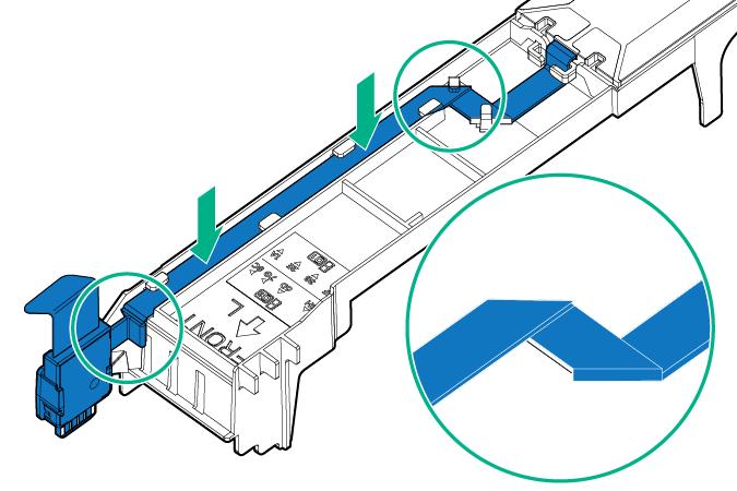 8. Route the cable on the left DIMM baffle. 9. Install the DIMM baffle. a. Align and install the DIMM baffle. b. Press down on the cable connector to fully seat the Smart Storage Battery cable connector to the system board.