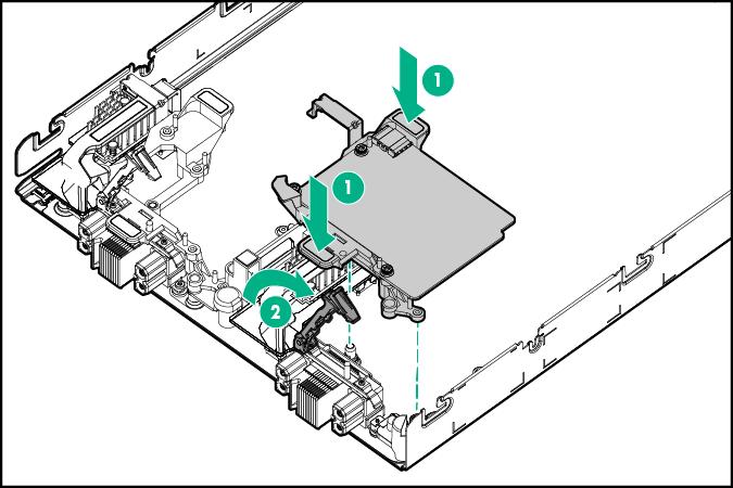 8. Press down firmly on the mezzanine assembly handles, and then close the mezzanine assembly latch. 9. Install the access panel (on page 16). 10.