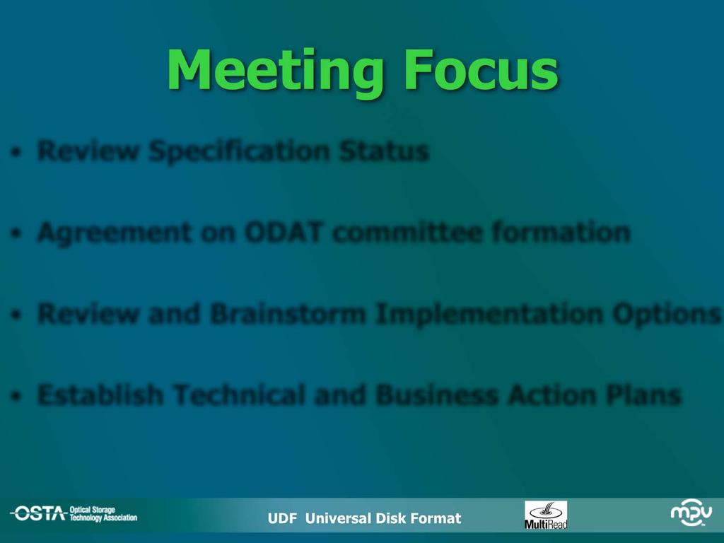 Meeting Focus Review Specification Status Agreement on ODAT committee formation