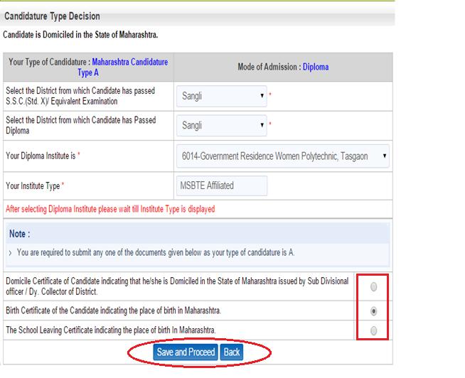 Type Decision Details 1. On this page candidates are supposed to select the type details according to previously selected Type of candidature. TYPE OF CANDIDATURE- TYPE A:- 1.