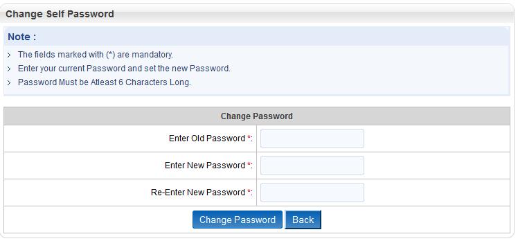 2. Change Self Password: 1. By using the links Change Password Candidate can change Self Password. The fields marked with (*) are mandatory. Enter your current Password and set the new Password.
