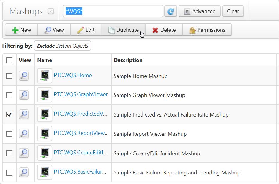 Reusing Sample Mashup Content After you have the supplied sample mashups working with your data, PTC recommends that you create duplicate mashups.