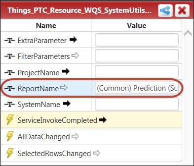 Clicking GetReport updates the properties shown below the services. The value entered for ReportName is (Common) Prediction (Summary).