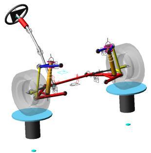 In Adams/Car, a steering subsystem and a front suspension subsystem, plus a suspension test rig, form the basis of a suspension assembly that is analyzed for kinematic behavior. 3.1.