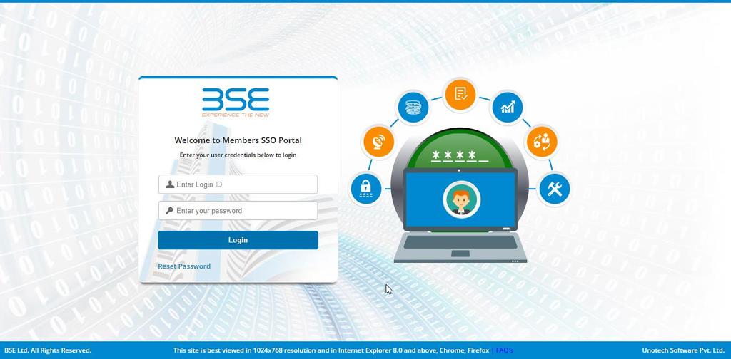 SSO application Login Process Invoke the BSE-SSO application login screen by using https://membersso.bseindia.com. Enter user credentials to login. (Refer Figure 8.1) SSO login Screen Figure 8.