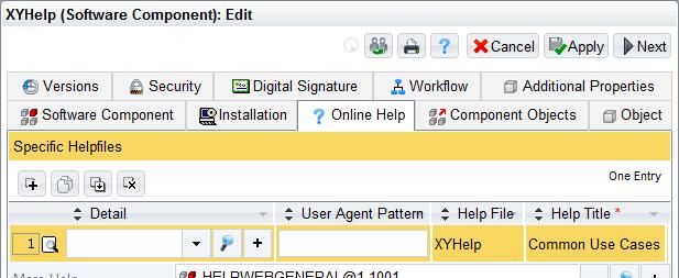 6. Edit the properties of the software component. The links to CHM files are specified on the Online Help tab in the Specific Help Files field. Create a new line.