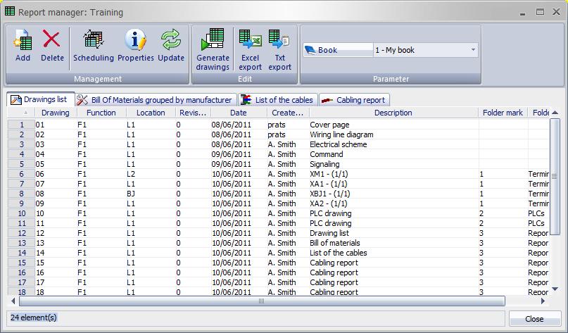Reports elecworks includes several reports provided as standard: : - List of sheets - Bill of materials - List of cables - etc.