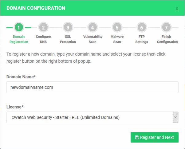 Step 1 - Register your Domain The first step allows you to register your domain and select the license to be associated with the domain.