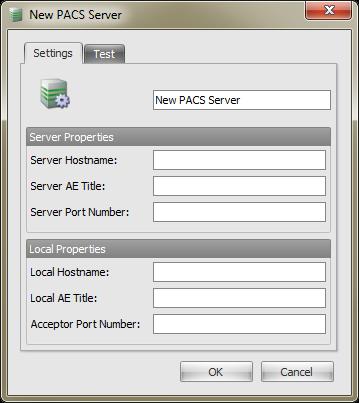 You will now be presented with the New PACS Server dialogue as shown below. The hostname and port number of the PACS server. The Application Entity (AE) title of the PACS server.