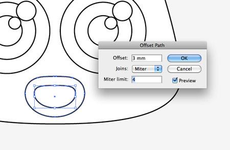 With the mouth selected, go to Object > Path > Offset path and enter 3mm in the options window. Right click the shape and select Ungroup.