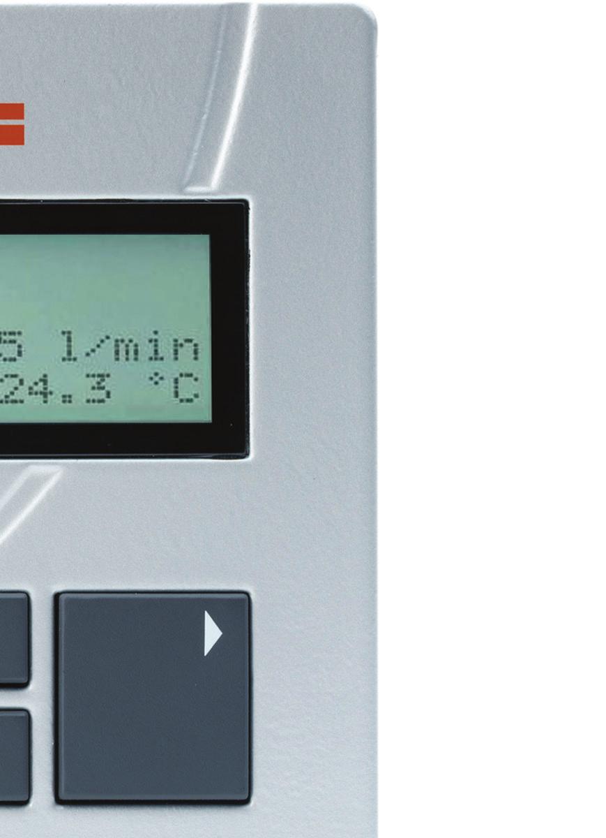 The flow rate is displayed with a choice of units, such as l/min, galus/h or kg/h. The temperature indicates the actual temperature of the liquid in Volumeter A.