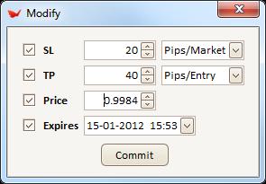 Modify Order To change the stop loss or take profit values for an order, simply click on the cell and an editor will open.