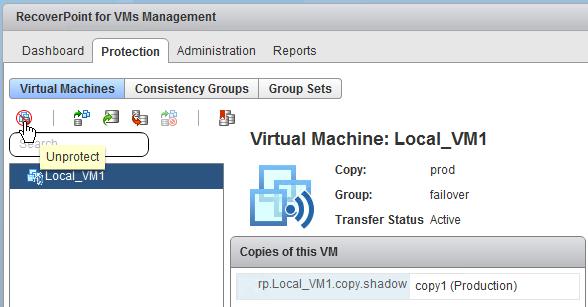 Protecting your data 2. Select the production VM that you want to stop protecting. 3. Click the Unprotect icon: Results Replication stops and the virtual machine is removed from its consistency group.