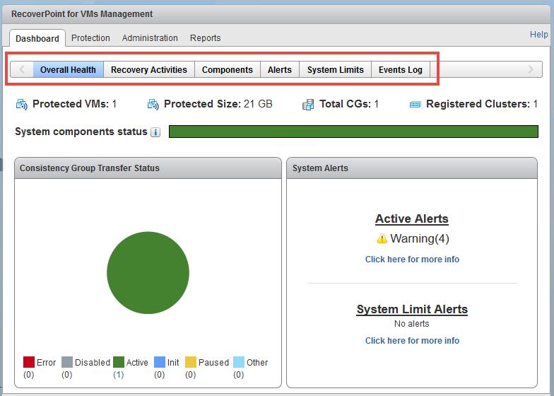 Monitoring and managing the system Monitoring the system The RecoverPoint for VMs Dashboard provides a high-level overview of the RecoverPoint for VMs system.