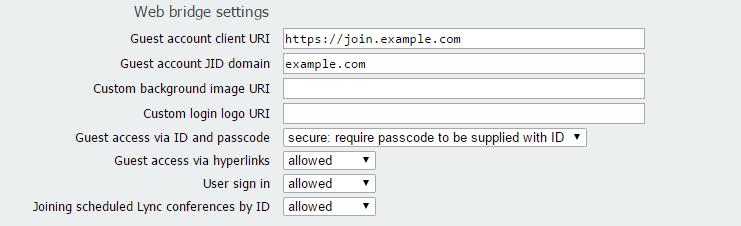9 Web Admin Interface Settings for the Web Bridge Guest Account JID Domain = guest account JID, e.g. example.