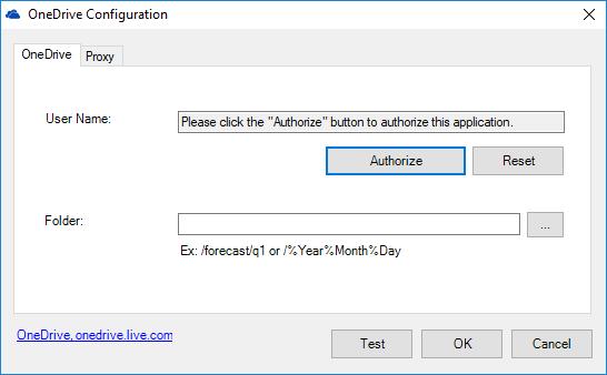 3. Click Configuration and the OneDrive Configuration dialog box will appear. 4. Click the Authorize button first to open the OneDrive web site and then complete the Login and authorization.