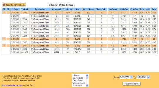 Test Results Figure 4 CitraNet Test Results Screen 1. The standard fields will automatically display for all loads supplied by the supplier ID # for the last seven days. 2.