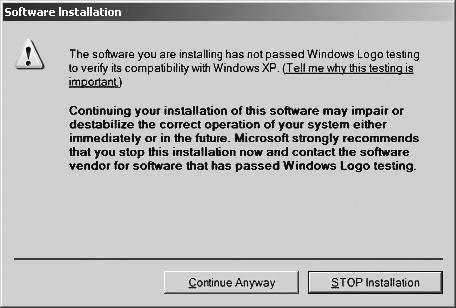 Confirm any such dialog with Continue Anyway. You will now be prompted to connect the hardware on the next dialog that is shown below on the left.