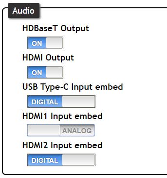 When set to ANALOG, the audio on the output will be replaced with an external analog audio source. To use the audio from an external analog source, do the following: a. Connect a 3.