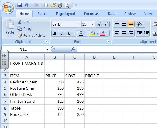 EXCEL ASSIGNMENT 3 1. Create the worksheet shown below. Make sure you place the items in the correct columns. Items in Column A will not all fit at this time.