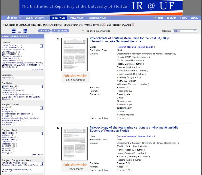 View of Elsevier articles in IR@UF Search results can either be