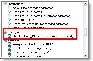 Image 9: Advanced Settings for Java (IE) Under the Java (Sun) settings, mark the Use JRE... checkbox. ActiveX vs.