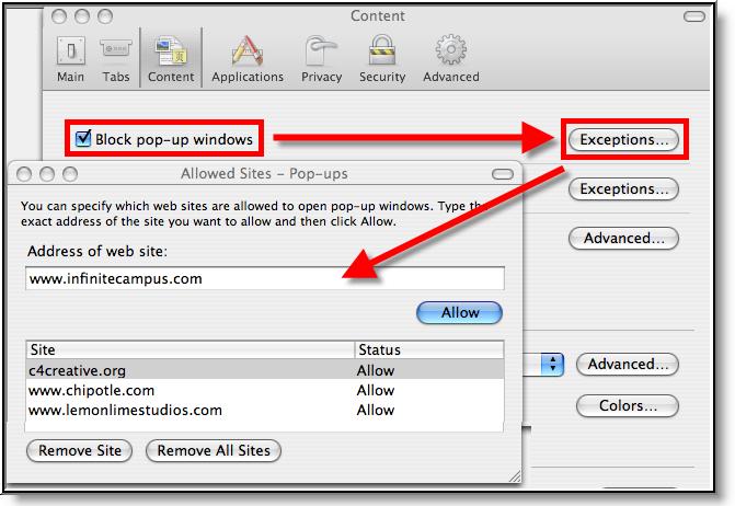 Image 19: Content Settings for Pop-ups (Firefox for Mac) Pop-up windows must be allowed on the Infinite Campus site in one of the following manners: Either the Block Pop-Up Windows checkbox is left