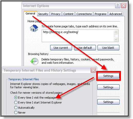 Image 2: General Settings for Temporary Files (IE) 1. 2. 3. Click the Settings button of the Browsing History section.