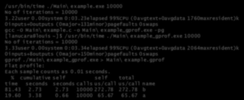 exe -pg [lanucara@louis ~]$ /usr/bin/time./main\ example_gprof.exe 10000 No of iterations = 10000 3.33user 0.00system 0:03.