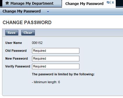CHANGING USER PASSWORD 1. To begin, click Change Password located in the Related Screens dialog box. 2. Enter the Old Password then enter the new password twice in the appropriate box.