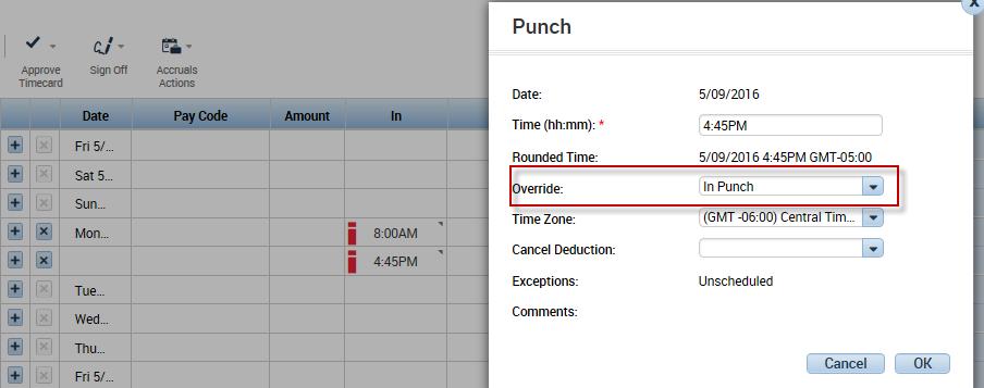 2. When the Punch box opens go to Override, click on the down arrow and make appropriate selection.