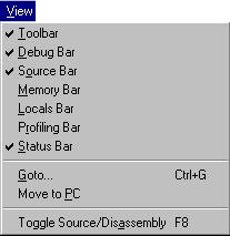 REFERENCE VIEW MENU VIEW MENU The View menu provides commands to allow you to select which toolbars are displayed in the C-SPY window.