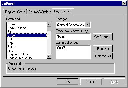 OPTIONS MENU REFERENCE Settings Syntax Highlight Tab Space Description Highlights the syntax of C programs in the Source window. Specifies the number of spaces used to expand tabs.