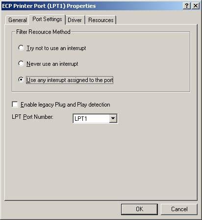 3. Open "(ECP or xxx) Printer Port (LPTx)." 4. Select "Port Settings" and set the following check boxes.