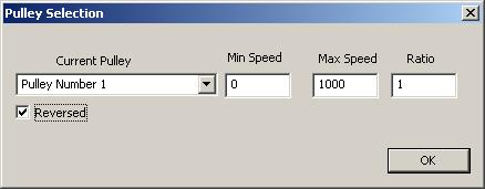 P a g e 17 Use the drop down menu titled Current Pulley to select the pulley to be updated. Enter in the maximum and minimum speeds for each pulley. Then select the current pulley and press [OK].