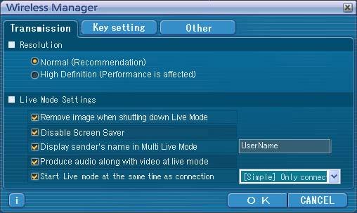 Setting options You can make various settings related to Wireless Manager ME 4.5. Setting option window 1 Click [ ] on the launcher. The <Option> window shown to the right appears.