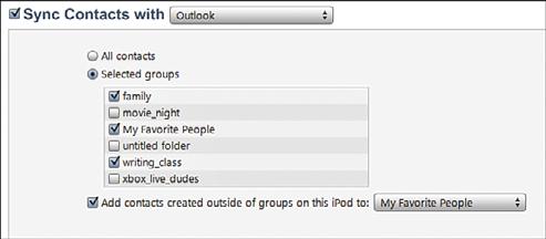 Syncing Information with itunes 131 6 7 8 6. If you organize your contact information in groups and want to move only specific ones onto the ipod touch, click Selected groups. 7. Check the check box next to each group you want to move into the ipod touch.