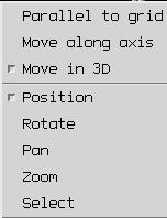Next Behind Parallel to Grid Move Along Axis Move in 3D Position Rotate Pan Zoom Select More The view of the 3D model may be manipulated by the commands accessed through the right mouse button menu.