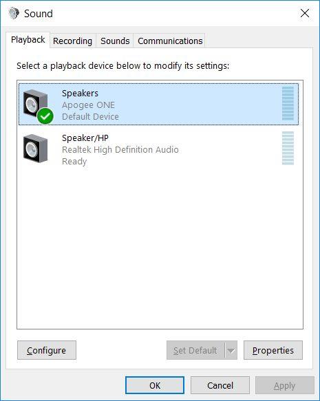 Choosing Apogee ONE for Windows Sound I/O After connecting Apogee