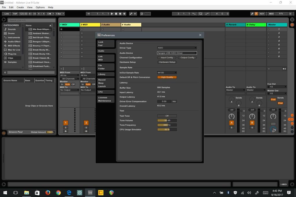 Windows OS: Select Apogee ONE in Ableton Live 1. In Ableton Live, go to the Options menu and choose Preferences. 2. Click on the Audio tab. 3. Select Driver Type: ASIO 4.