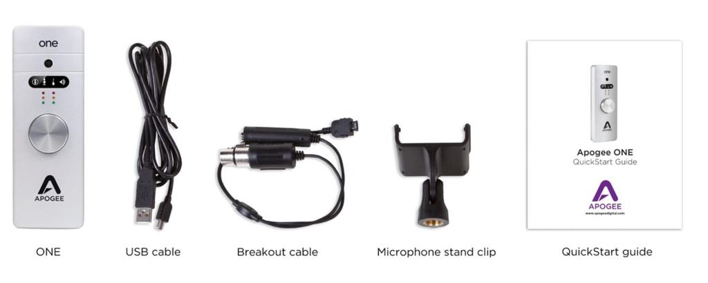 ONE (Silver) Package Contents The following items are included in the Silver ONE box: ONE (Silver) Breakout cable with: 1 XLR Mic input 1 1/4 Instrument input Microphone stand