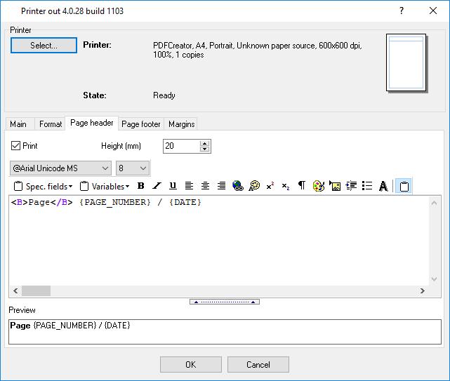 7 Printer Out plugin Figure 4: Page header settings Print Enables/disables the printing of the page header. If enabled, the header will be printed at the beginning of the page.