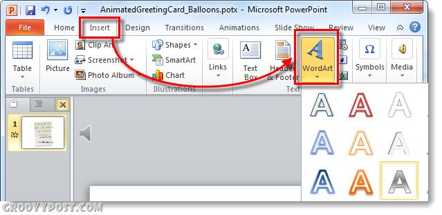 WordArt allows the user to create a graphical image from text. To create a WordArt image, select the WordArt command on the Insert tab of the Ribbon.