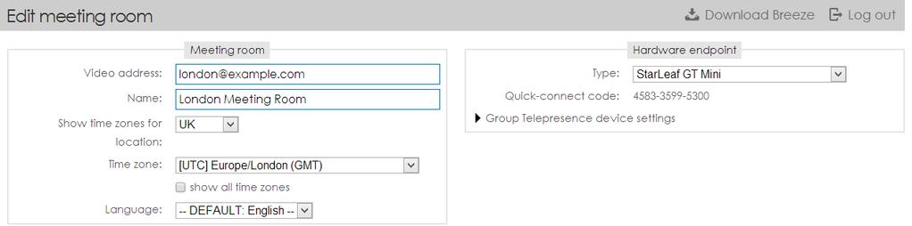 Installing GT Mini 1. Log in to this customer's account on the StarLeaf portal. 2. Choose Add meeting room. You will see the Add meeting room page: a. Type a Video address for the meeting room.